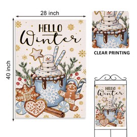 Covido Hello Winter Hot Cocoa Decorative House Flag, Snowman Gingerbread Candy Red Berry Garden Yard Outside Decorations, Christmas Snowflakes Burlap Outdoor Large Home Decor Double Sided 28 x 40
