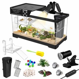 GOZILLA Aquatic Turtle Tank Kit+Lamp+Filter, Upgrade PC Turtle Tank Starter Kit with Adjustable Lamp & Filter,Reptile Habitat with Lid,Hanging Platform for Small Reptiles.(15.75×7.9×9''/Black Kit)