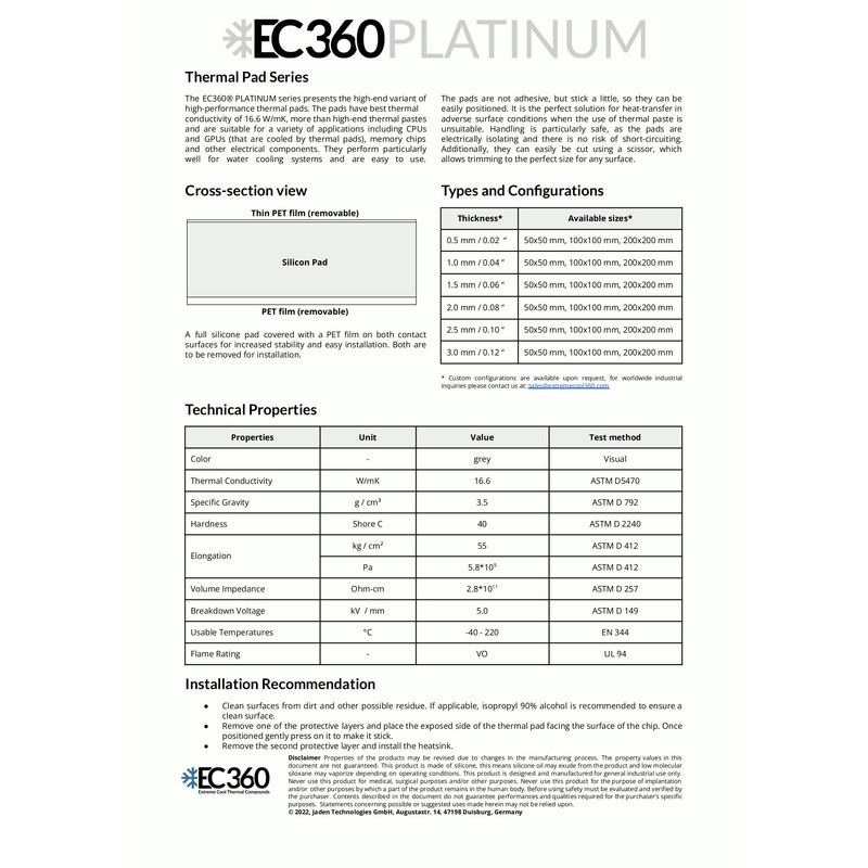 EC360® Platinum 16.6W/mK Thermal Pad (100 x 100 x 1.0
