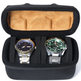 AUKURA 2 slot watch Roll Travel Case for men, Hard Zipper Organizer box for Large watch with anti-move watch pillow (Black 2slot microfiber lining)