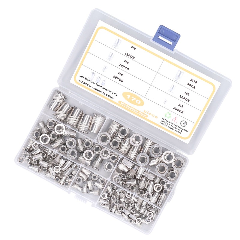 170pcs M3‑M10 304 Stainless Steel Rivet Nuts Durable Flat Head