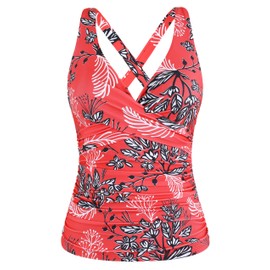 Firpearl Plus Size Underwire Tankini Tops for Women Swimwear Supportive Swimsuits Top Strappy Bathing Suit Tops Red Floral US20