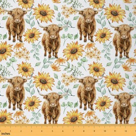 Homemissing Highland Cow Fabric by The Yard 1 Yard (L92*W150cm) Sunflower Floral Decorative Waterproof Fabric Highland Cattle Upholstery Fabric Farmhouse Animal Western Decor DIY Reupholstery Fabric
