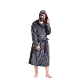 FashGudim Mens Hooded Robe Plush Shawl Collar Kimono Bathrobe Soft Warm Flannel Fleece Spa Robes House Coat Pajamas Calf Length with Pockets (Grey,4XL)