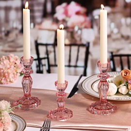 Simeitol Pink Candlestick Holders Set of 6, Taper Candle Holders, 4.3" H & 6.3" H Glass Candle Holder for Candlesticks & Pillar Candles, Candle Holder for Table Centerpieces, Wedding and Mother's Day