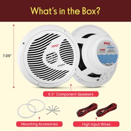 Pyle 6.5 Inch Dual Marine Speakers - 2 Way Waterproof and Weather Resistant Outdoor Audio Stereo Sound System with 150 Watt Power, Polypropylene Cone and Cloth Surround - 1 Pair - PLMR60W (White)