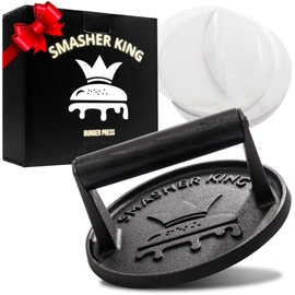 SMASHER KING™ - Premium Cast Iron Smash Burger Press incl. 25 pcs of Patty Paper, Burger Smasher for Griddle with Black Wood Handle, Perfect Hamburger Press