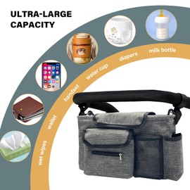 DEEZOMO Universal Stroller Organizer with Cup Holder Multifunctional Pocket Space Large 2 Pack, Non-Slip Secure Hooks Accessories Baby Jogger, Pet Stroller (Grey+Black)