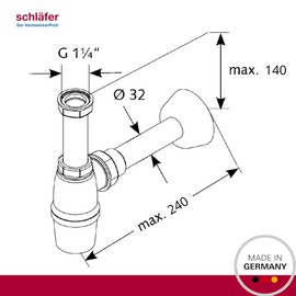 Schläfer 4396101 Washbasin Siphon 1 1/4, Universal Inspectable Drain for Plastic Sinks, Wall Connection Pipe Diameter 32 mm, Odour-Inhibiting Bottle Siphon Glossy White