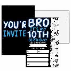 seclate 10th Birthday Invitations for Boys, 25 Double-Sided Invitation Cards with 25 Envelopes, Black and Blue Party Decoration Supplies - D09