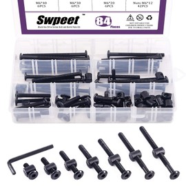 Swpeet 84Pcs Black M6 × 20/30/40/50/60/70/80mm Crib Hardware Screws Kit, Hex Socket Head Cap Cribs Baby Bed Bolt and Barrel Nuts with 1 x Allen Wrench Perfect for Furniture, Cots, Cribs Screws