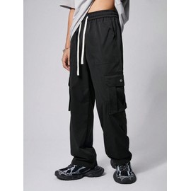 ZAUFL Mens Casual Pants Side Button Flat Pocket Pants Baggy Straight Leg Cargo Pants Street Fashion Trousers Black L