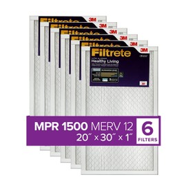 Filtrete 20x30x1 AC Furnace Air Filter, MERV 12, MPR 1500, CERTIFIED asthma & allergy friendly, 3 Month Pleated 1-Inch Electrostatic Air Cleaning Filter, 6-Pack (Actual Size 19.81x29.81x0.78 in)