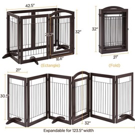 Topeakmart Extra Wide Pet Gate 6 Panels Freestanding Dog Gate for Doorway Stairs Dog Fence with 3 Support Feet, Espresso