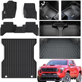 Juego de tapetes de piso y tapete de cama para Toyota Tacoma 2024 2025 2026 Double Cab Auto Tran (con tapete de cama de 5 pies/no compatible con híbridos) para todo tipo de clima TPE Tapetes de piso y