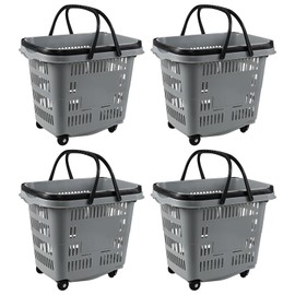 Utiao 50 Liter Plastic Shopping Basket with Wheels, 4 Pack Large Rolling Baskets for Groceries, Gray