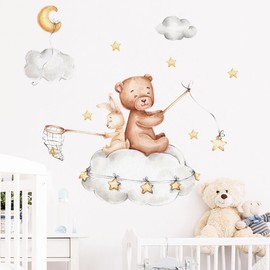 duoyif Wall Sticker Bear Rabbit Wall Sticker Stars Moon Clouds Children's Room Wall Decoration Wall Sticker Children's Animal Nursery Wall Sticker Watercolour Wall Stickers Nursery Baby Room Playroom