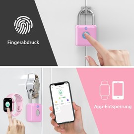 eLinkSmart Fingerprint Padlock for Girls and Women in the Gym Pink with Phone App Metal Padlock for School Sports Hook Tool Box Backpack Luggage