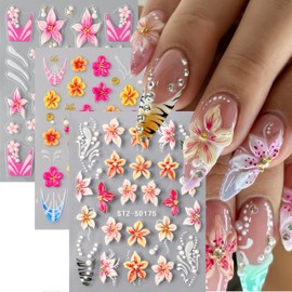 3PCS Summer Hawaiian Flower Nail Art Stickers 5D Hibiscus French Gradient Nail Decals Summer Ocean Beach Shell Pearls Nail Design Beach Floral Nail Supplies French Nail Decorations for Women DIY