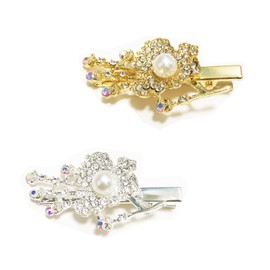 2 Pack Crystal Hair Clips Non-Slip Floral Duckbill Hairpins for Women Girls Sparkle Rhinestone Flower Design Alligator Metal Clip for Party Wedding Daily(Gold+Silver)