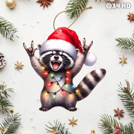 34HD Wooden Raccoon Christmas Ornament 2025 – Funny Holiday Tree Decor for Animal Lovers, Rocking Santa Hat Trash Panda Ornament Gift for Her Him, Cute Xmas Wooden Hanging Decoration