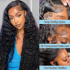 13x6 Deep Wave Lace Front Wigs Human Hair Wigs for Women 200% Density HD Transparent Deep Curly Lace Frontal Wigs Human Hair Pre Plucked with Baby Hair Natural Color(Natural Black Color, 26 inches)