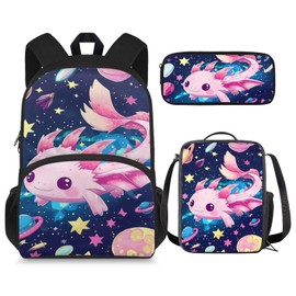 SCRAWLGOD Cute Axolotl Backpack with Lunch Box for Girls 10-12/6-8/8-10 Salamander Kids Bookbag and Lunch Bag Pencil Case Planet Middle School Book Bag 3 in 1 Set 15 Inch Back Pack Lunchbox