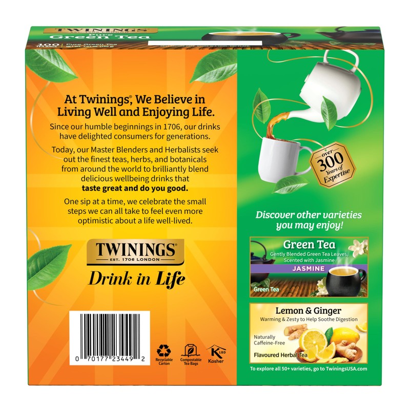 Twinings Pure Green Tea Individually Wrapped Bags, 100 Count (Pack