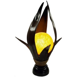 Guru-Shop Palm Leaf Lotus Table Lamp Handmade in Bali Natural Material Palm Wood Model Palmera 1 Decorative Lamp Mood Lamp