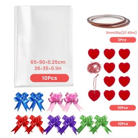 SNAIL GARDEN 10Pcs Shrink Wrap Bags for Gift Baskets with Pull Bow,Tags,Heat Resistant Tape,25.6×35.4in Extra Large Cellophane Bags for Present Baskets Packaging