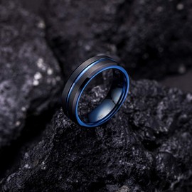 King Will DUO Mens 7mm Black Matte Finish Tungsten Carbide Ring Blue Beveled Edge Wedding Band(8)