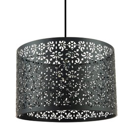 Unique Marrakech Designed Matte Black Metal Circular Pendant Light Shade with Floral Decor | 30cm Diameter | Maximum 11watt LED Allowed by Happy Homewares