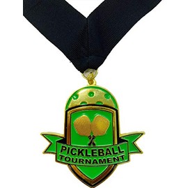 Pickleball Medal - Gold - 3' Pickleball Medal Award with Free V Shaped Ribbon, One Size