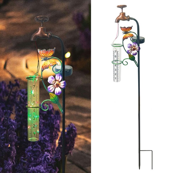 YNGFIL Decorative Rain Gauge Garden Stake with Butterfly and Flower