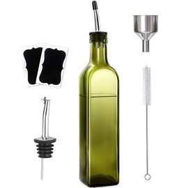 Leaflai Olive Oil Dispenser Bottle, 1 Pcs Green Glass Olive Oil Dispenser and Vinegar Dispenser Set with 2 Stainless Steel Pourers, 2Labels,1 Brush and 1 Funnel Oil Bottles for Kitchen, 17 oz(500ml)