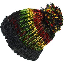 LOUDelephant Wool Knit Beanie Bobble Hat - Rasta