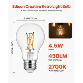 VEVOR 6 Pack Edison Bulbs LED, A19 Vintage Edison Light Bulbs, 4.5W Dimmable 450 Lumens, 2700K Warm White, E26 Base LED Filament Bulb, Antique Glass Style for Home, Bedroom, Office, Farmhouse,CRI80+