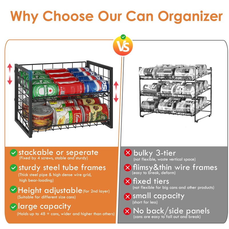 X-cosrack 2 Packs Stackable Can Rack Organizer for Pantry, 2-Tier
