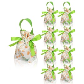 Liobelon 8 Pieces Floral Gift Bags with Handle, Flower Printed Tea Party Favor Bags with Drawstring, Canvas Small Candy Bags for Wedding Favors Bridal Shower Baby Shower Thank You Gifts (Green)