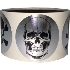 Silver Skull and Crossbones Circle Dot Stickers, 2 Inch Round, 100 Labels on a Roll