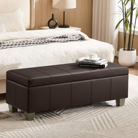 WUTUTUEE 51" Faux Leather Storage Ottoman, Stitch Tufted Rectangle Upholstered End of Bed Storage Bench, Entryway Large Couch Ottoman with Wooden Legs,Brown
