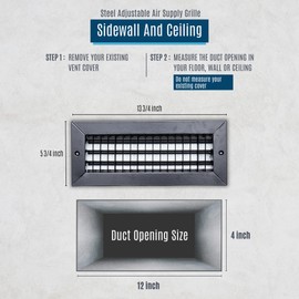 Fits 12x4 Duct Opening Steel Adjustable Air Supply Grille by Handua | Register Vent Cover Grill for Sidewall and Ceiling | Black | Outer Dimensions: 13.75" X 5.75"