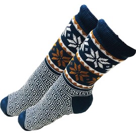 Mens Christmas Snowflakes Argyle Thick Knit Sherpa Fleece Lined Thermal Fuzzy Slipper Socks Size 10-13 (Blue White/Brown)