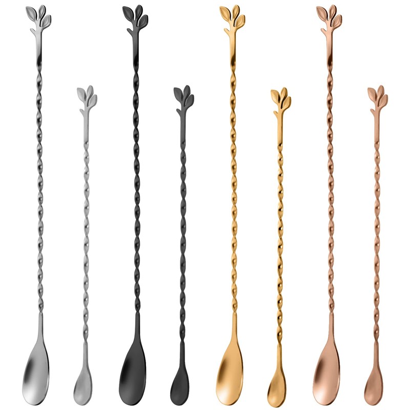 AnSaw Gold 10-Inch Stainless Steel Cocktail Spoon with Leaf Handle