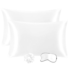 PiccoCasa Satin Pillowcases for Hair and Skin with Eye Mask and Scrunchie Soft Pillowcase 2 Pack Zipper Closure Silky Bed Pillow Covers Set for Sleeping White 50 x 65cm