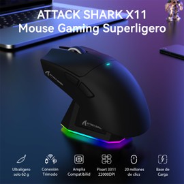 ATTACK SHARK X11 Mouse inalámbrico con Base de Carga magnética RGB, Ultraligero de 59g, Sensor PixArt PAW3311, 3 Modos (2.4 GHz/Bluetooth/USB-C), hasta 22,000DPI, Compatible con PC/Mac-Negro