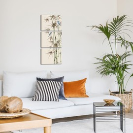 KREATIVE ARTS 3 Piece Bamboo Canvas Wall Art Set Zen Print with American Robin Bird Chinese Painting Triptych Botanical Plant Artwork Asian Wall Decor for Yoga Spa Each Panel 12x16