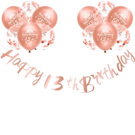 Teen Girls Happy 13th Birthday Banners Rose Gold Happy 13th Birthday Banner Bunting Including 12 Pack 12” Latex Printed Balloons Girls Happy 13th Birthday Decorations Supplies