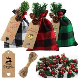 72 Pcs Christmas Drawstring Burlap Bags Set 24 Xmas Buffalo Plaid Red Green Black White Candy Bags Linen Treat Bags with Kraft Tags Artificial Pine Picks and Rope Xmas Gift Wrapping Party Favor