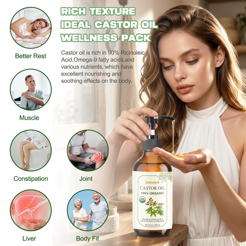 8Oz Organic Castor Oil Cold Pressed Hexane Free, USDA Organic